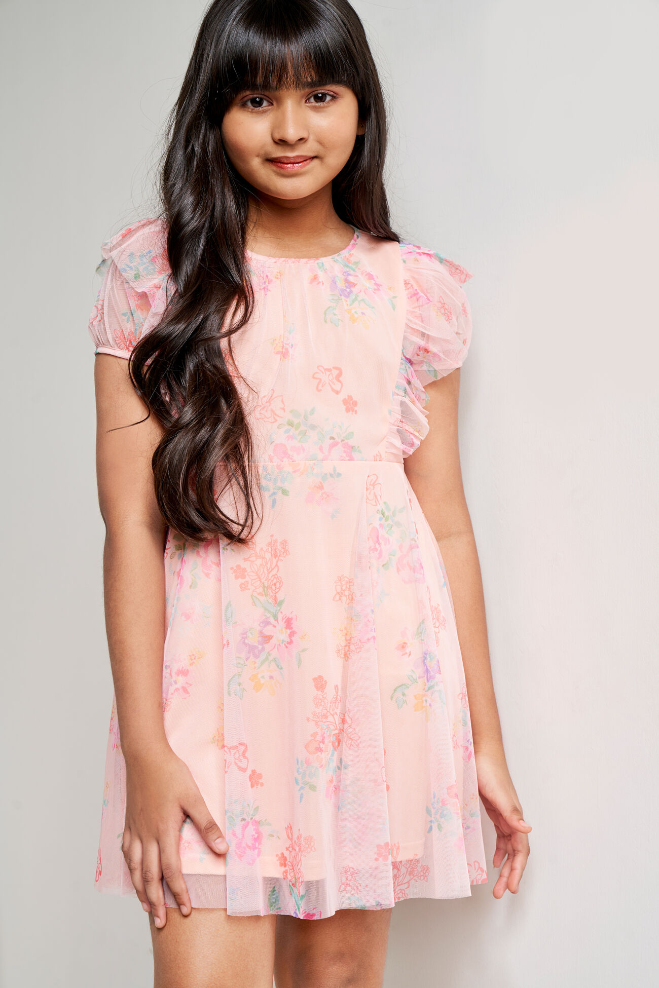 Peach Floral Tulle Dress, Peach, image 1
